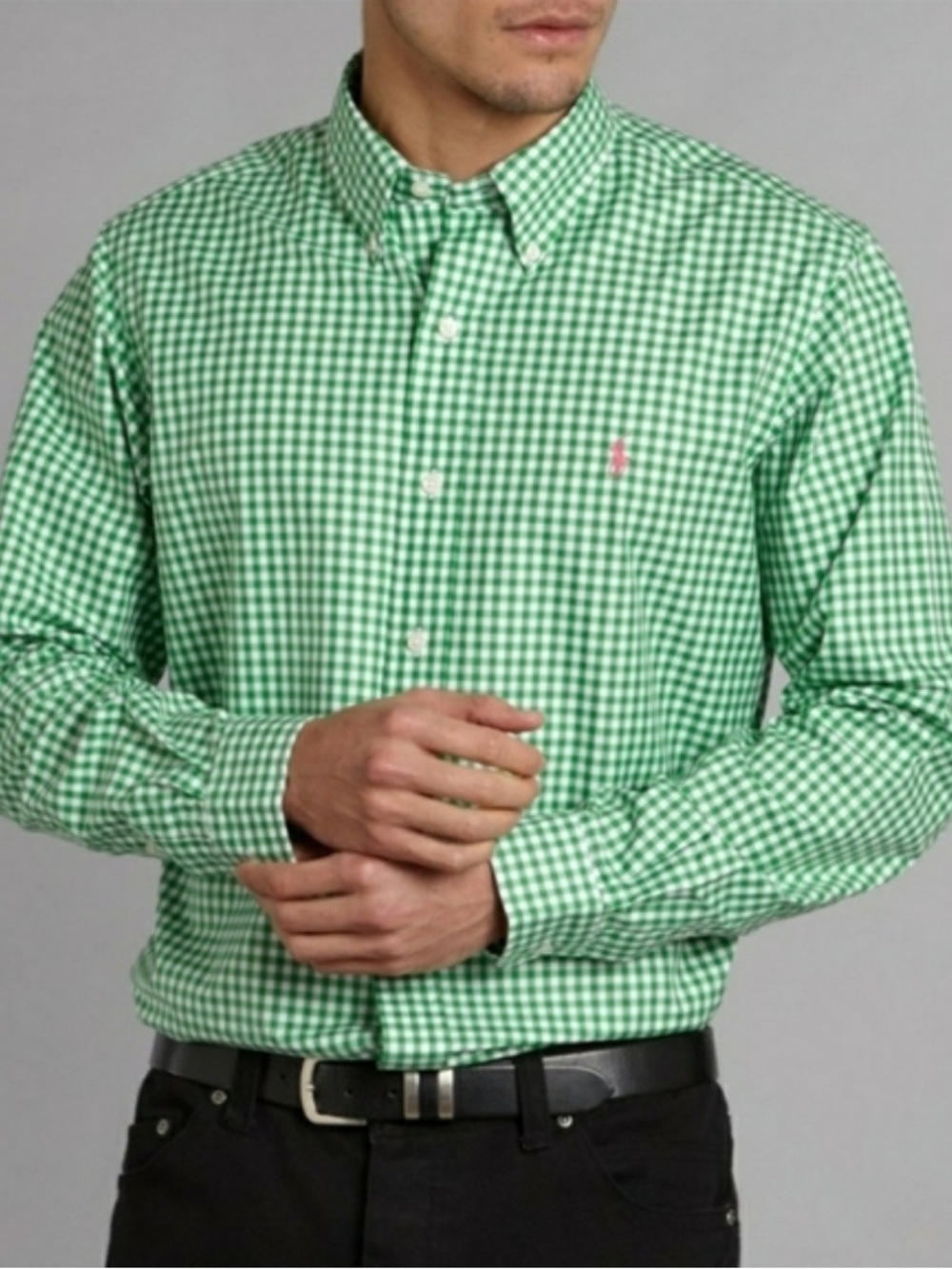 EUC Ralph Lauren Green and White Gingham Button-Down Shirt with Pink Pony